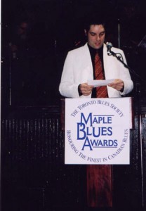 Accepting 2003 Maple Blues Award for Drummer of the Year , photo by Bruce Hall of the Grand River Blues Society 
