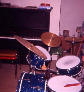 My First Drumkit, a Blue Sparkley Pearl-made Silvertone drum kit 1975